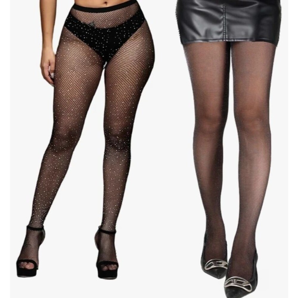 2 Pack Black Tights Rhinestone Fishnet & Shimmer Sheer Stockings One Size